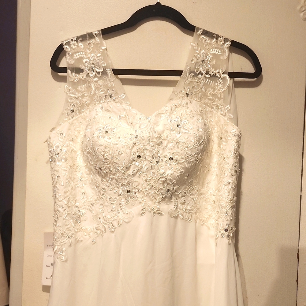 White wedding dress, size 16 beaded top short sleeve